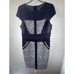 CACHE Dress Womens Size 12 Navy And White Sheath Mesh Zipper Modern‎ Chic